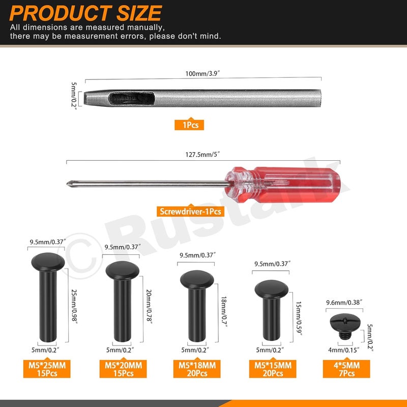 Rustark 142Pcs 4 Sizes Black Chicago Screws Leather Rivets Assortment Kit with Setting Tools M5 Assorted Screws Rivets Metal Chicago Binding Screw for Leather Craft Belts Bags - Image 2